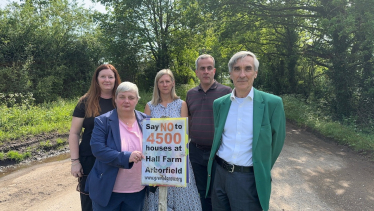 No to Hall Farm sign with Councillors and John Redwood